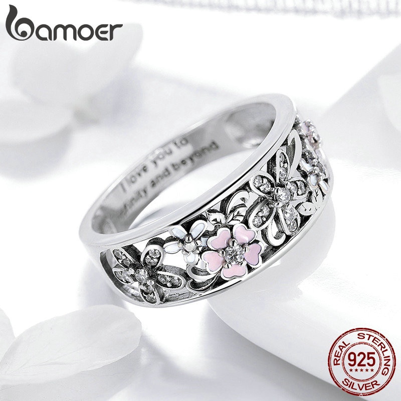 Nhẫn Bamoer SCR390 khắc chữ / hoa cúc làm bằng bạc 925 hợp thời trang cho nữ