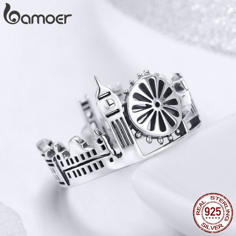 Nhẫn đeo ngón tay Bamoer bạc 925 mặt hình thành phố độc đáo tinh tế