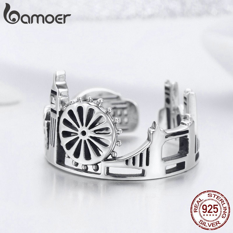 Nhẫn đeo ngón tay Bamoer bạc 925 mặt hình thành phố độc đáo tinh tế