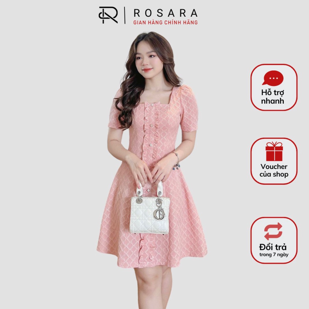 Váy Đầm Hồng Dáng Xòe Cổ Vuông Kẻ Ô Ngắn Tay Thời Trang Nữ Rosara VA78