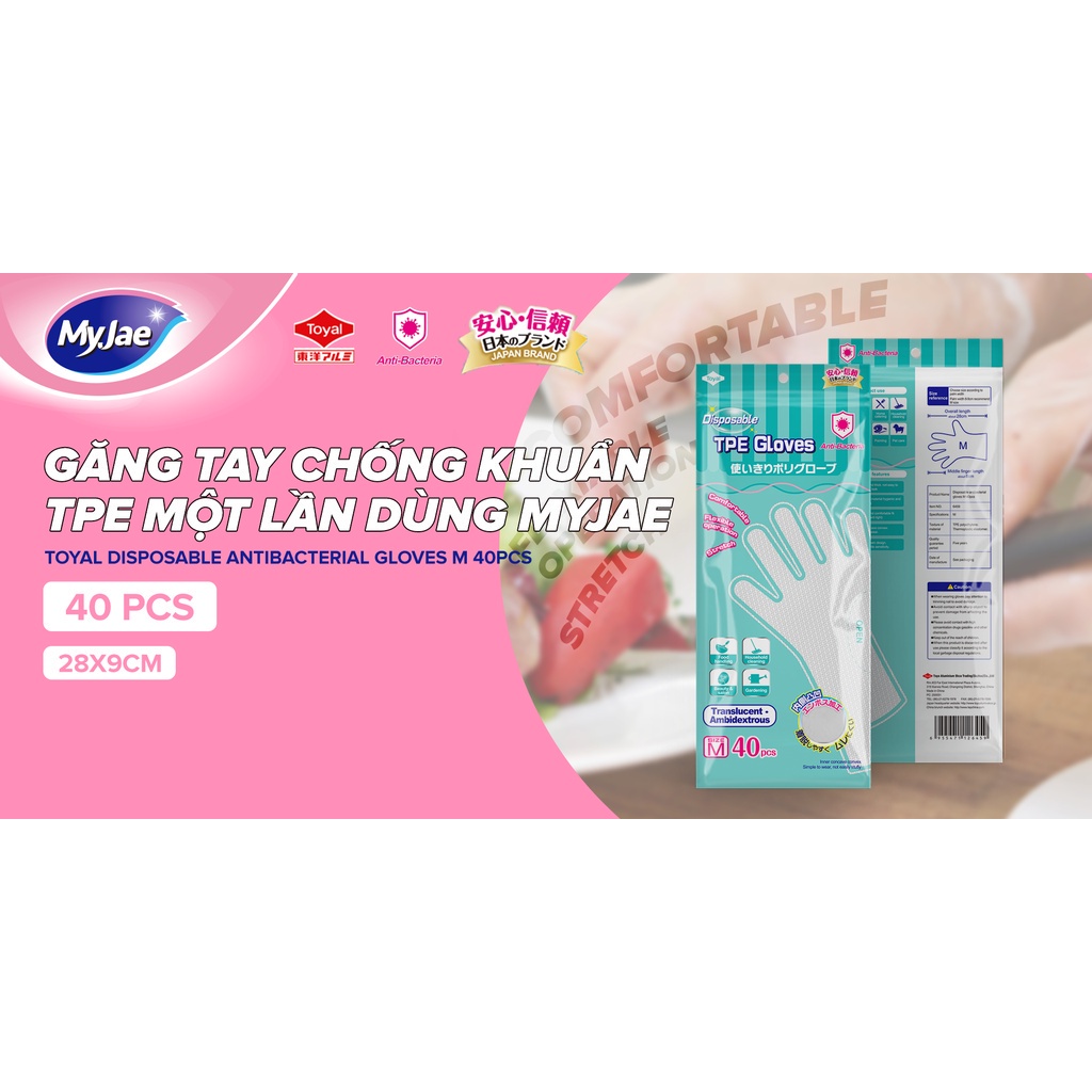 Găng tay kháng khuẩn TPE MyJae một lần dùng nấu ăn, rửa chén bát size M (40 cái/túi)