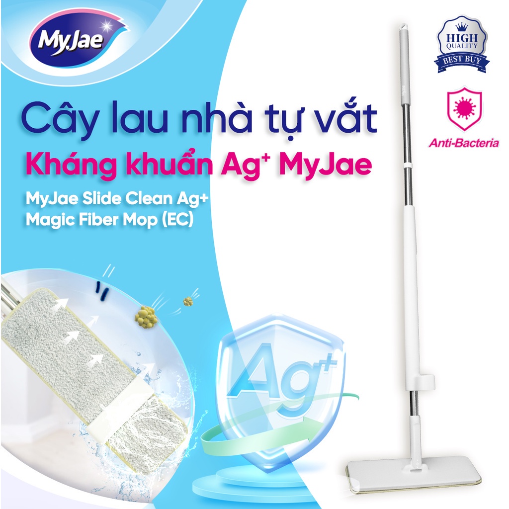 Combo 3 Bông Lau + 1 Cây Lau Nhà MyJae Đài Loan Sợi Microfiber Tự Vắt Kháng Khuẩn Ag+ 120cm