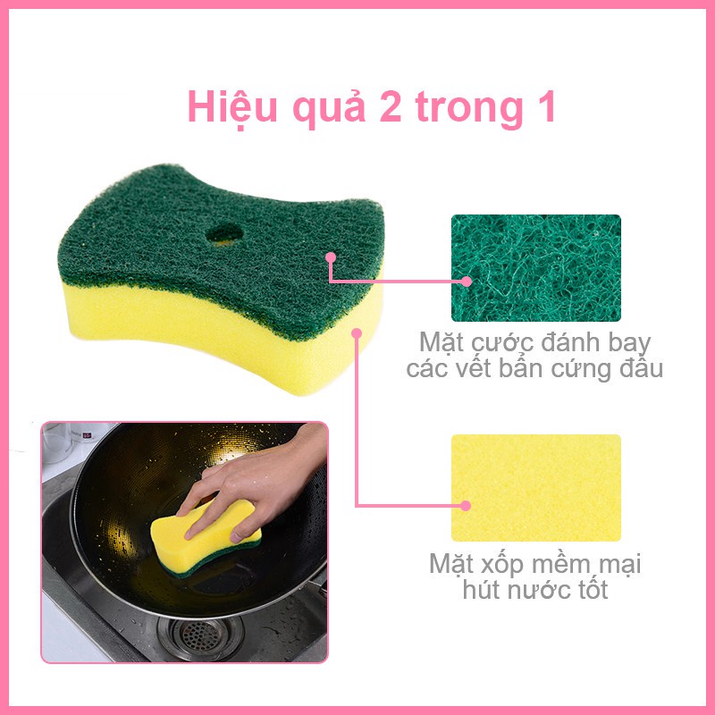 Miếng bọt biển rửa chén MyJae 2 mặt, mút xốp rửa bát đa năng kèm miếng nhựa hít kê (2 miếng/gói)