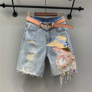 ✿ quần đùi jean nữ lưng cao ✿ có hàng sẵn Quần Short Denim Rách Đính Hạt Kim Sa Bản Đồ Công Nghiệp Hạt Kim Sa Tua Rua Hình Năm Cánh Làm Đẹp Cho#Quần Lửng Thời Trang Phong Cách Phương Tây Size
