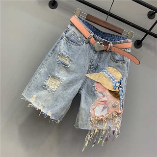 ✿ quần đùi jean nữ lưng cao ✿ có hàng sẵn Quần Short Denim Rách Đính Hạt Kim Sa Bản Đồ Công Nghiệp Hạt Kim Sa Tua Rua Hình Năm Cánh Làm Đẹp Cho#Quần Lửng Thời Trang Phong Cách Phương Tây Size