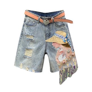✿ quần đùi jean nữ lưng cao ✿ có hàng sẵn Quần Short Denim Rách Đính Hạt Kim Sa Bản Đồ Công Nghiệp Hạt Kim Sa Tua Rua Hình Năm Cánh Làm Đẹp Cho#Quần Lửng Thời Trang Phong Cách Phương Tây Size