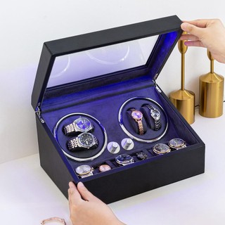 Hộp Lắc Đồng Hồ Cơ Da đen - 4 Xoay + 6 Cố Định [BH 2 NĂM] Hộp Đựng Đồng Hồ Cơ 4 Xoay + 6 Tĩnh ACBOW [Có Đèn LED]