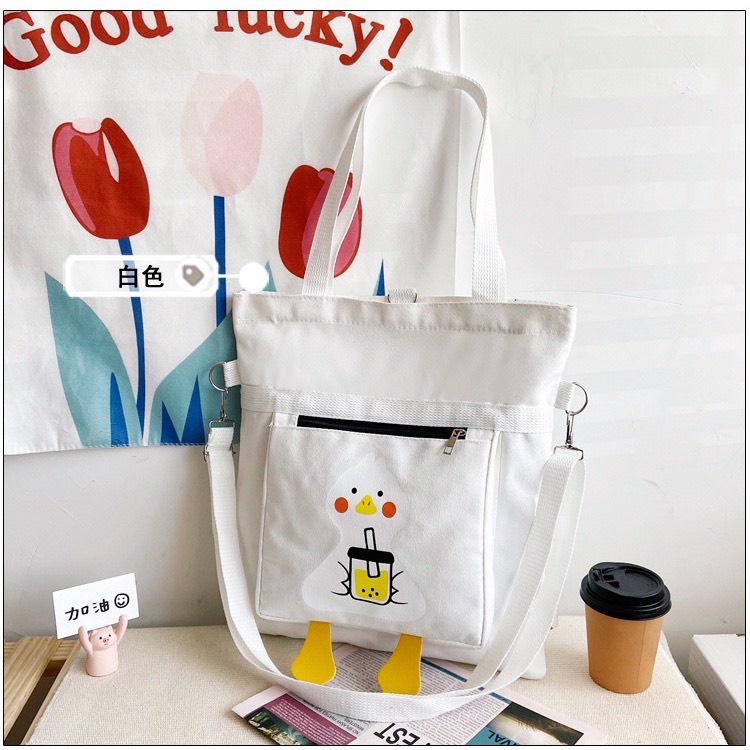 Túi tote đeo vai vải bố học sinh phong cách ulzzang vịt uống trà sữa