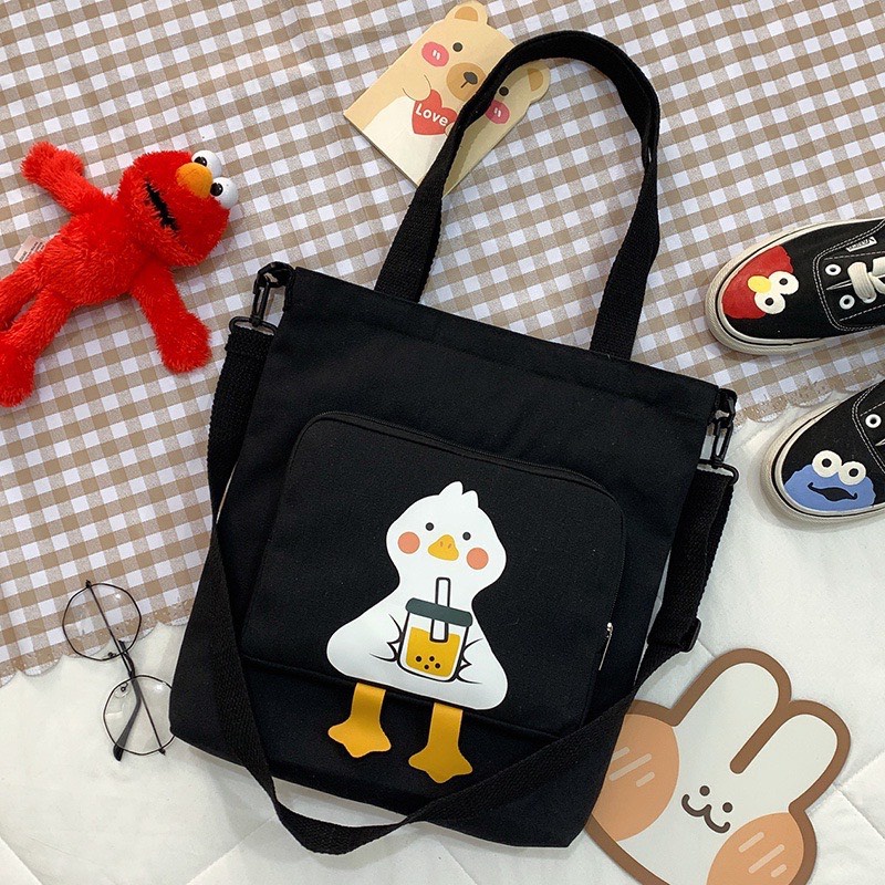Túi tote đeo vai vải bố học sinh phong cách ulzzang vịt uống trà sữa