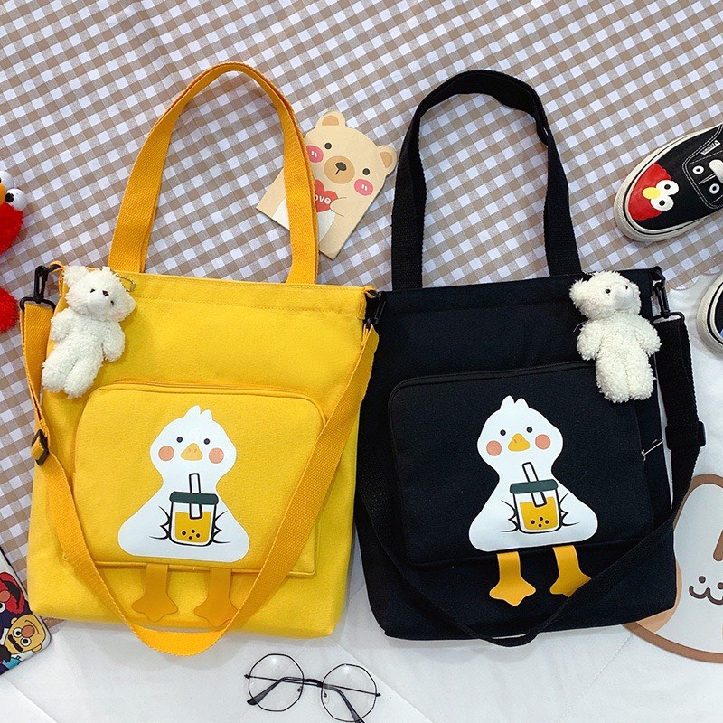 Túi tote đeo vai vải bố học sinh phong cách ulzzang vịt uống trà sữa