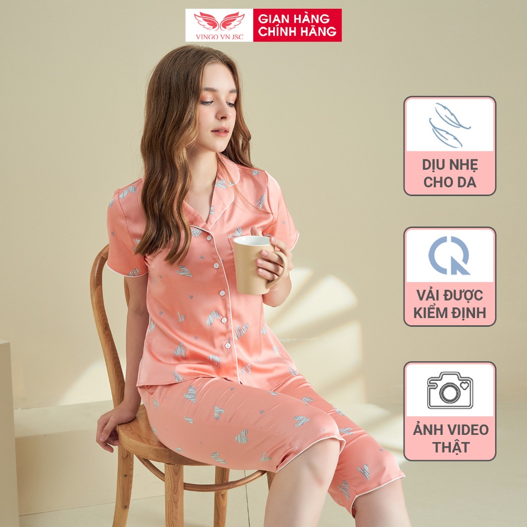 Đồ bộ nữ Pijama mặc nhà Lụa cao cấp mùa hè VINGO tay ngắn quần lửng tim kẻ sọc dễ thương H767 VNGO