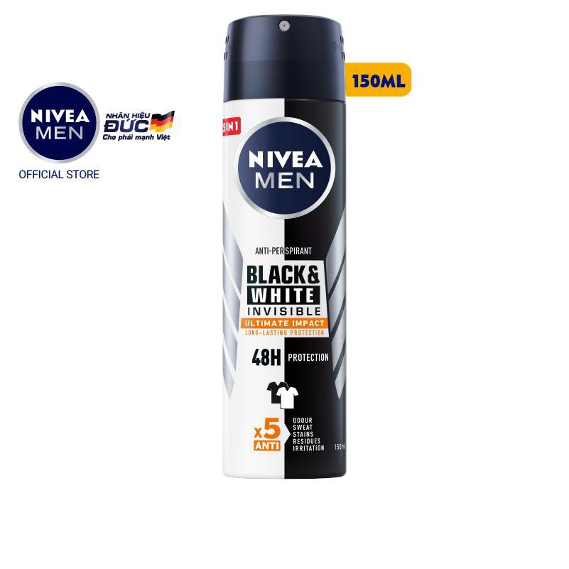 Xịt Ngăn Mùi 5in1 Ngăn Vệt Ố Vàng Vượt Trội NIVEA MEN BLACK&WHITE INVISIBLE ULTIMATE 150ml