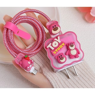 [Gấu Dâu] Bộ phụ kiện bảo vệ cáp và củ sạc PD 18/20W nhiều hình gấu dâu dễ thương RABBI