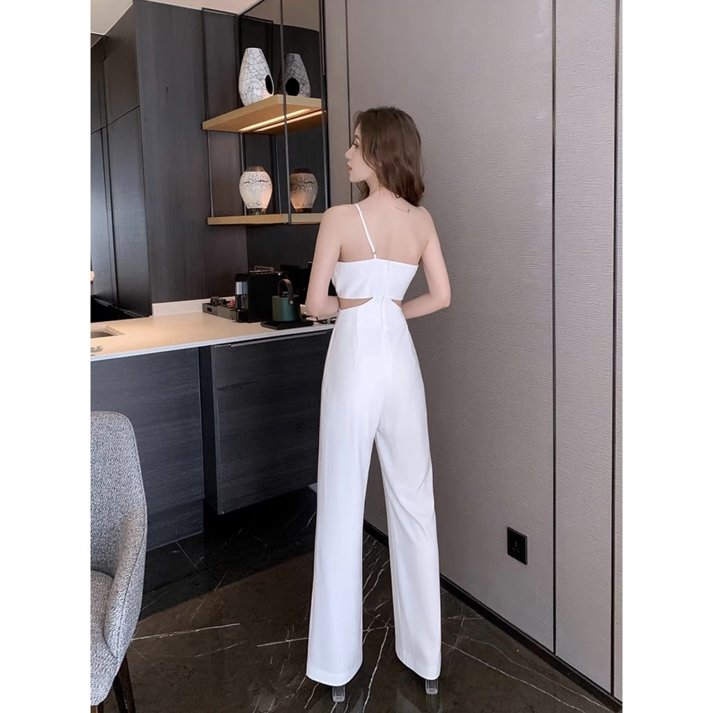 Jumpsuit trắng quần ống xuông có mút ngực