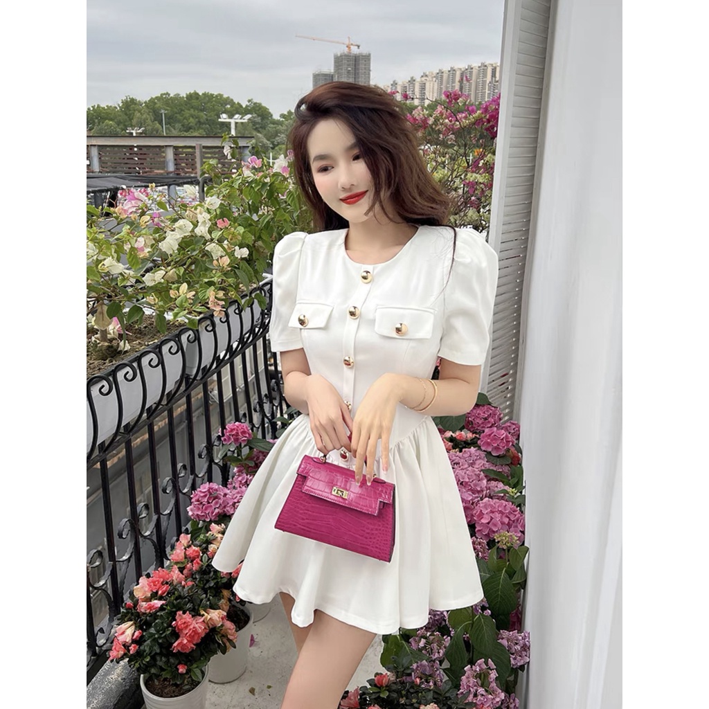 Váy cổ tròn dáng xoè tiểu thư điệu đà duyên dáng 2 màu đen và trắng