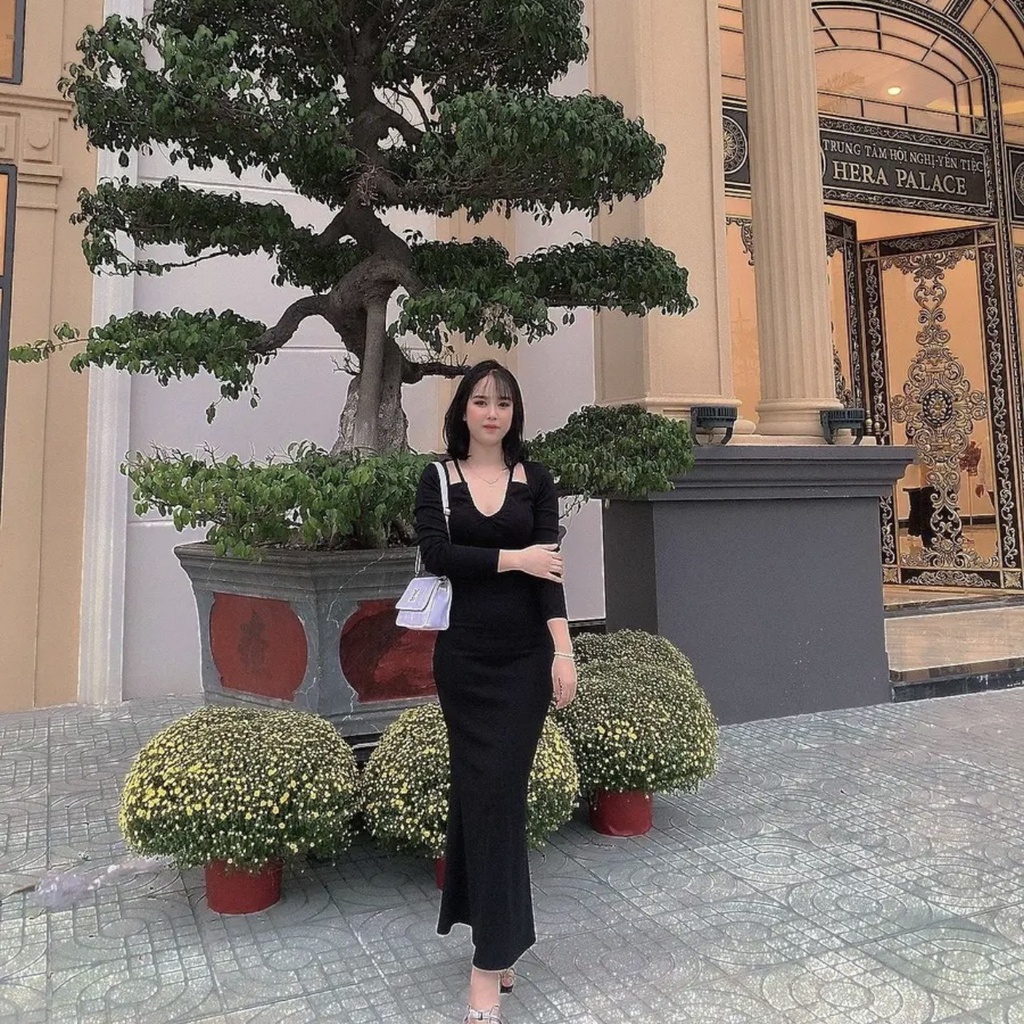 Váy ôm body  dàng dài cổ nhún hở vai sang chảnh