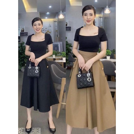Áo croptop cổ vuông cùng chân váy xoè dáng dài