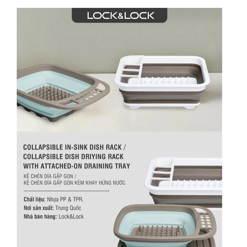 Kệ chén dĩa LocknLock , gấp gọn kèm khay hứng nước LDR140GRY Màu Xanh Xám - Hàng Chính Hãng - K-MALL