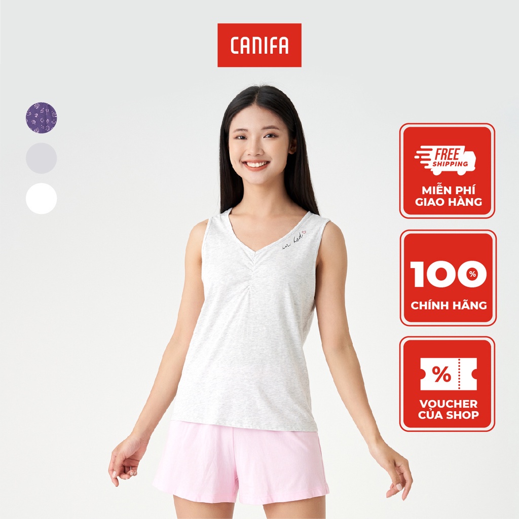 Bộ quần áo nữ CANIFA  chất liệu 100% cotton, áo ba lỗ cổ tim, quần soóc cạp chun 6LS23S008