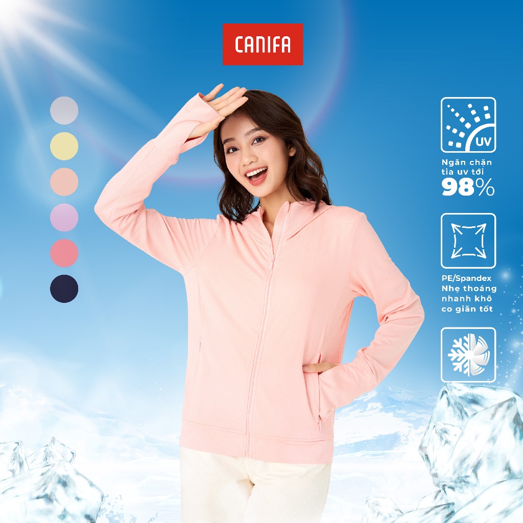 Áo chống nắng nữ CANIFA chất liệu polyester, có mũ, kéo khoá, túi 2 bên mẫu mới 2023 - 6OT23S001