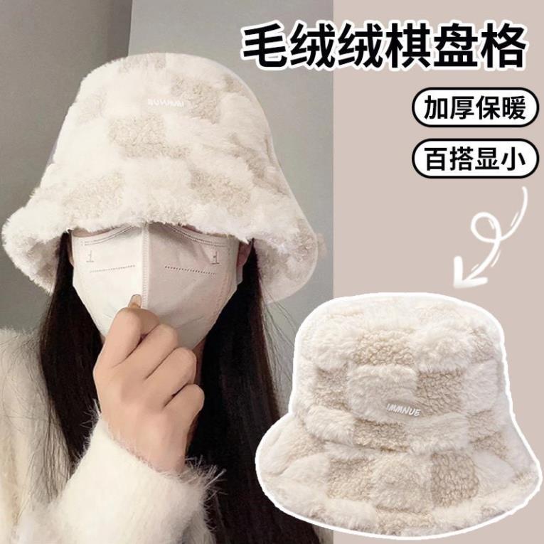 Mũ Nón Bucket Lông Cừu Dày Dặn Hoạ Tiết Caro Thời Trang Hàn Quốc trẻ trung (   hot)