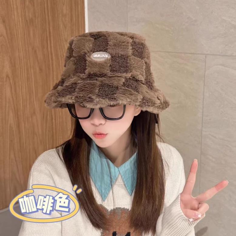 Mũ Nón Bucket Lông Cừu Dày Dặn Hoạ Tiết Caro Thời Trang Hàn Quốc trẻ trung (   hot)