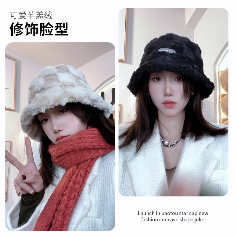 Mũ Nón Bucket Lông Cừu Dày Dặn Hoạ Tiết Caro Thời Trang Hàn Quốc trẻ trung (   hot)