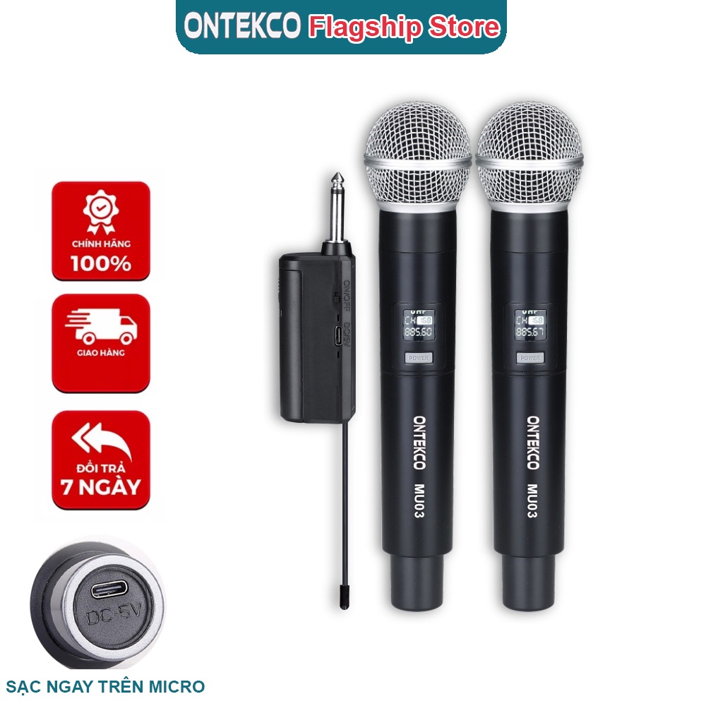 Bộ micro không dây ONTEKCO MU03 pin sạc, Sóng UhF hát karaoke gia đình ...