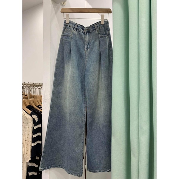 Quần jeans ly eo có túi ống rộng cạp cao Nana21 Nanastore21