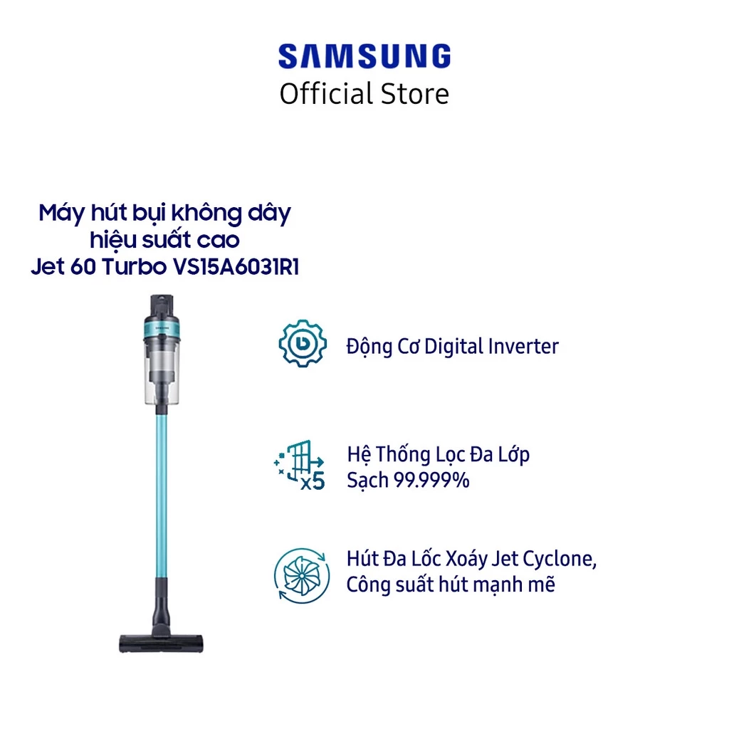 Máy hút bụi không dây Samsung Jet 60 150W VS15A6031R1 - Công nghệ hút đa lốc xoáy Jet Cyclone, màu Xanh