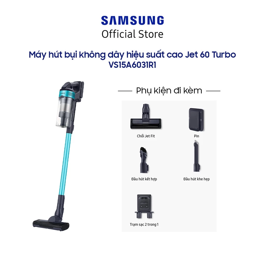 Máy hút bụi không dây Samsung Jet 60 150W VS15A6031R1 - Công nghệ hút đa lốc xoáy Jet Cyclone, màu Xanh