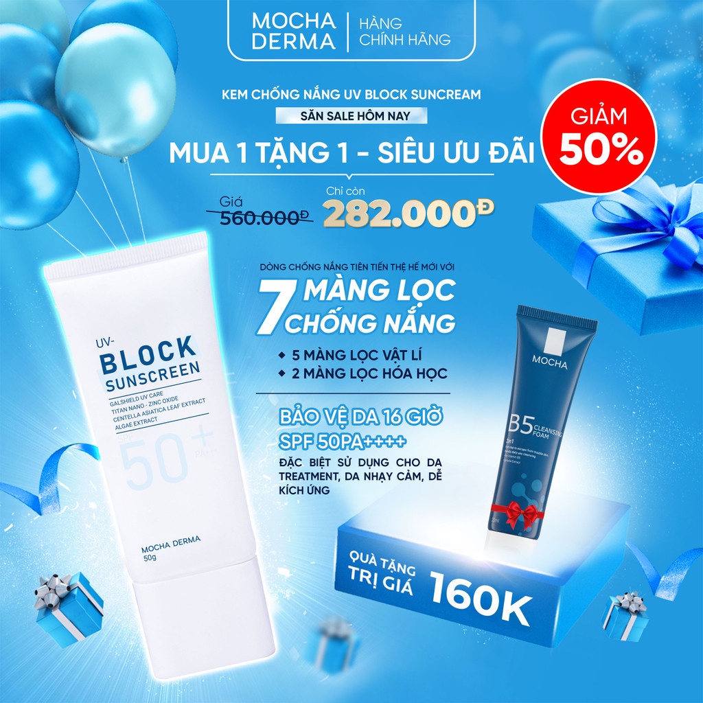 🆗.(Đã bán 88) Kem Chống Nắng Mocha Derma SPF 50 PA+, Nâng Tone, Phục Hồi, Bảo Vệ Da Khỏi Tia UVA Và UVB 50g