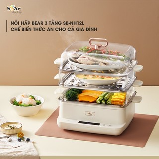 Nồi Hấp Bear 3 Tầng SB-NH12L Dung Tích 12 Lít,  6 Chế Độ Hấp Đa Dạng Hải Sản, Cá, Sườn Heo, Đồ Cứng, Đồ Mềm, Bánh Bao