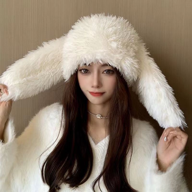 Mũ Trùm Đầu Giữ Ấm Tai Thỏ Bằng Lông Nhung Chống Lạnh Chống Gió