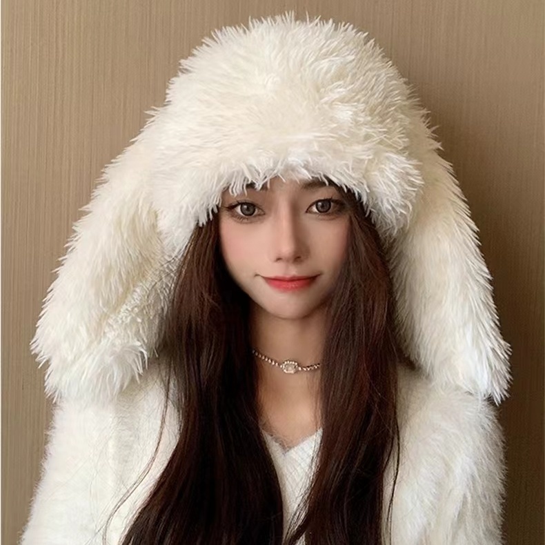 Mũ Trùm Đầu Giữ Ấm Tai Thỏ Bằng Lông Nhung Chống Lạnh Chống Gió