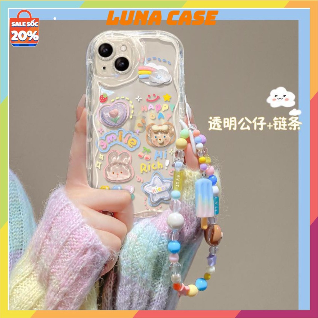 Ốp lưng IPHONE dẻo Sticker nổi 3d kèm dây đeo Xinh 11/11 pro max/12/ 12 ...