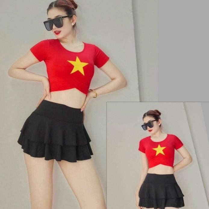 Bộ tập gyn nữ, set tập gym yoga erobic áo croptop cờ đỏ sao vàng kết hợp quần đùi rút dây nâng mông tôn dáng chất đẹp