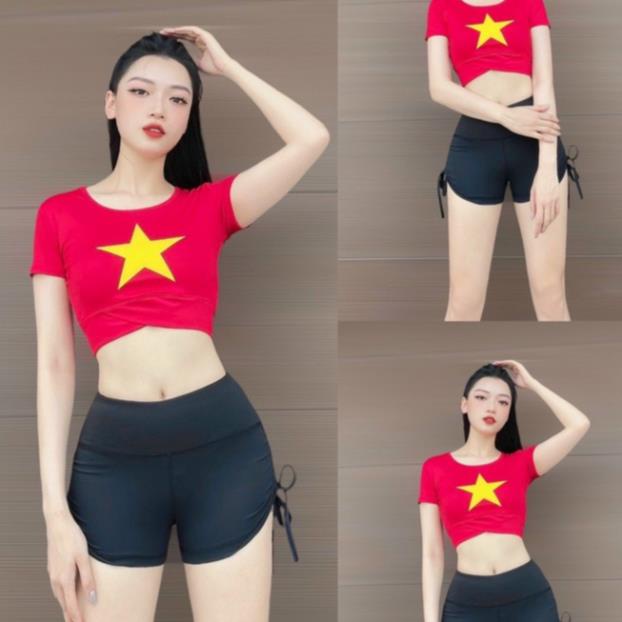 Bộ tập gyn nữ, set tập gym yoga erobic áo croptop cờ đỏ sao vàng kết hợp quần đùi rút dây nâng mông tôn dáng chất đẹp