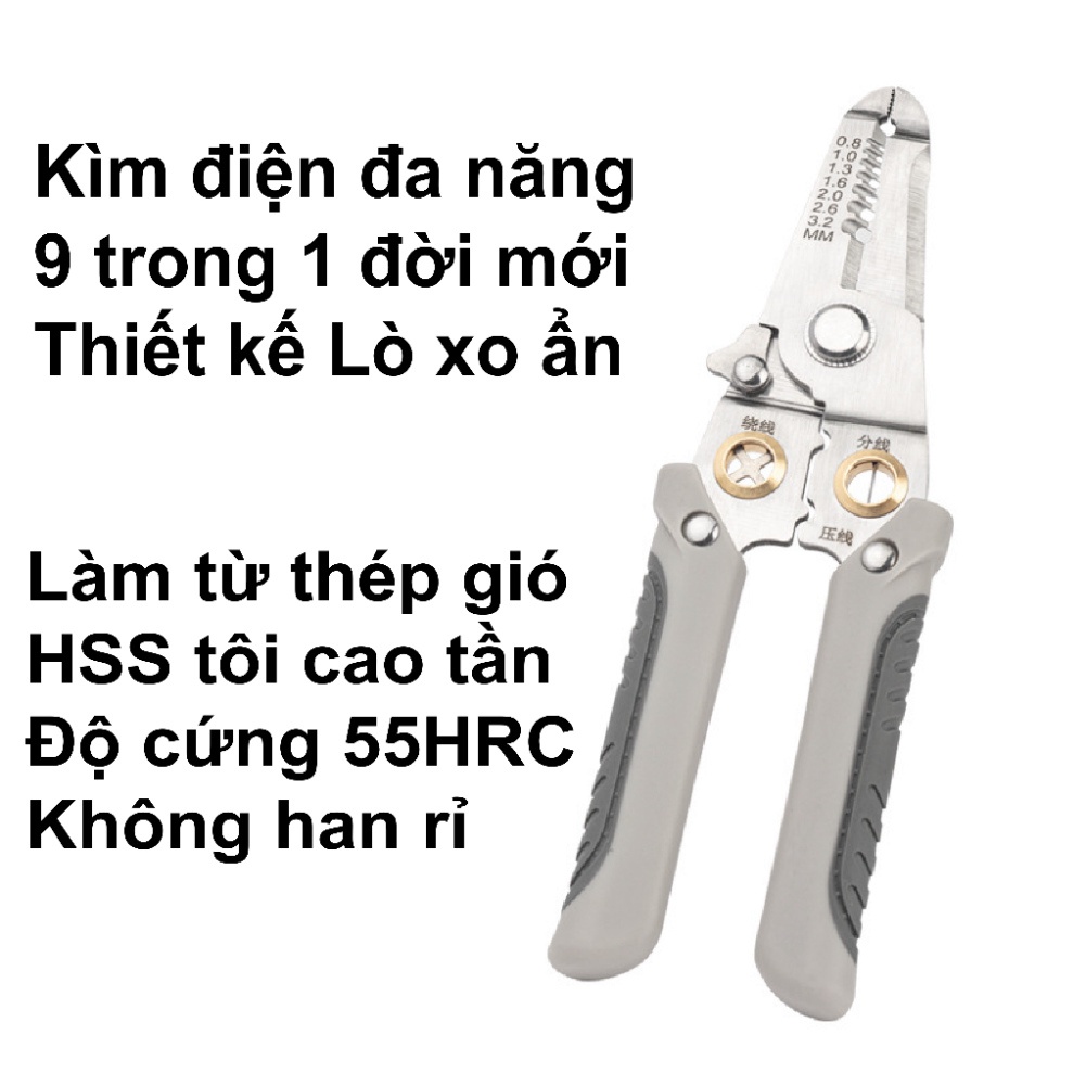 Kìm tuốt dây điện đa năng 9 trong 1, Kìm điện đa năng Thép gió HSS, tước dây 4mm, Lò xo ẩn HOT