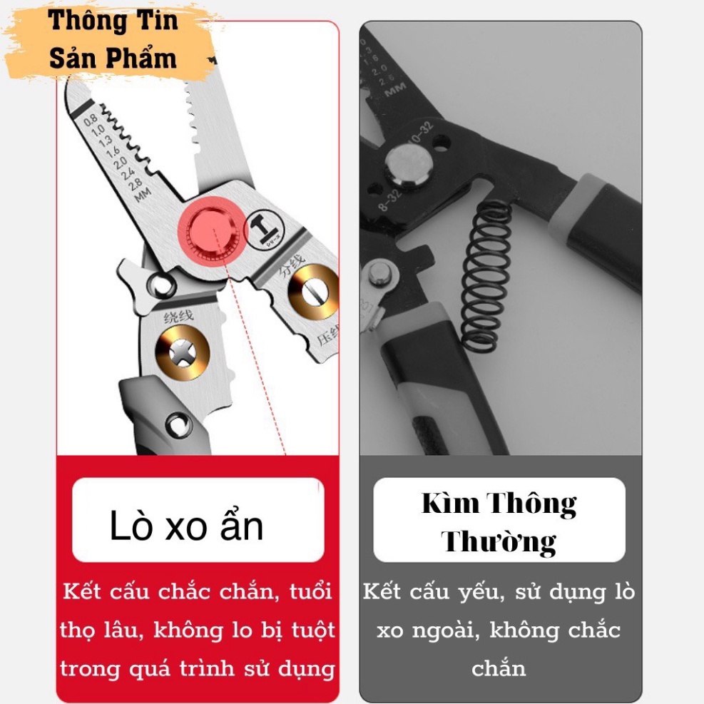 Kìm tuốt dây điện đa năng 9 trong 1, Kìm điện đa năng Thép gió HSS, tước dây 4mm, Lò xo ẩn HOT