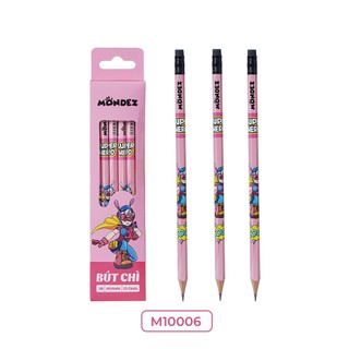 Bút chì 2B MONDEZ, bút chì gỗ cao cấp có tẩy Super Hero màu hồng, nét bút mịn dành cho bé tập viết M10006