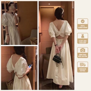 Đầm đi biển tay lỡ xoắn lưng dáng dài form rộng phong cách retro pháp