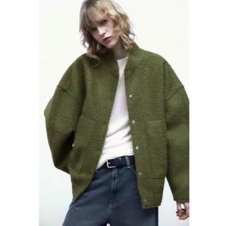 Zara made in Morocco đủ tag Áo Khoác bomber dạ xám Dáng Rộng Cổ Đứng ấm áp