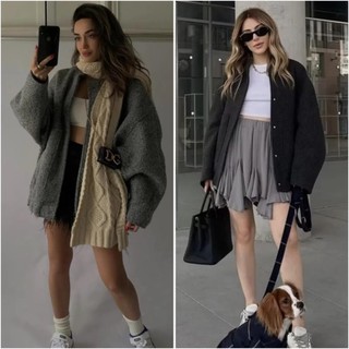 Zara made in Morocco đủ tag Áo Khoác bomber dạ xám Dáng Rộng Cổ Đứng ấm áp