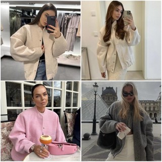 Zara made in Morocco đủ tag Áo Khoác bomber dạ xám Dáng Rộng Cổ Đứng ấm áp