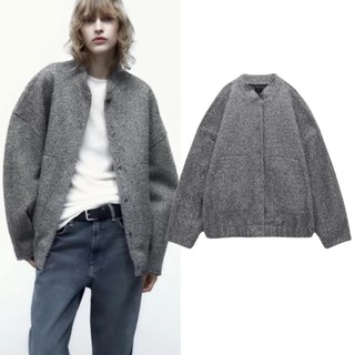 Zara made in Morocco đủ tag Áo Khoác bomber dạ xám Dáng Rộng Cổ Đứng ấm áp