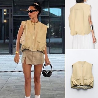 Áo  gile hộp Zara made in Morocco màu be vàng