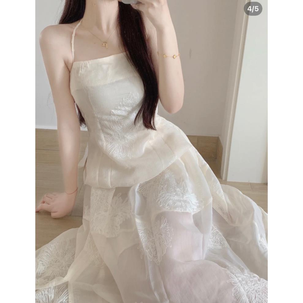 Set áo ống 2 dây kem hoa nổi chéo dây lưng xẻ tà cv hoa nổi midi voan