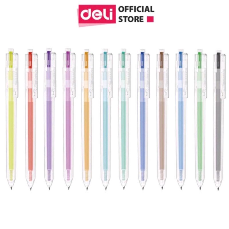 HỘP 12 BÚT BI MỰC GEL BẤM NHIỀU MÀU DELI G118 BỘ 12 CÂY BÚT MỰC MÀU