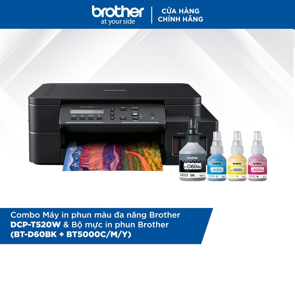 Combo Máy in phun màu đa năng Brother DCP-T520W và Bộ mực in phun Brother (BT-D60BK + BT5000C/M/Y)